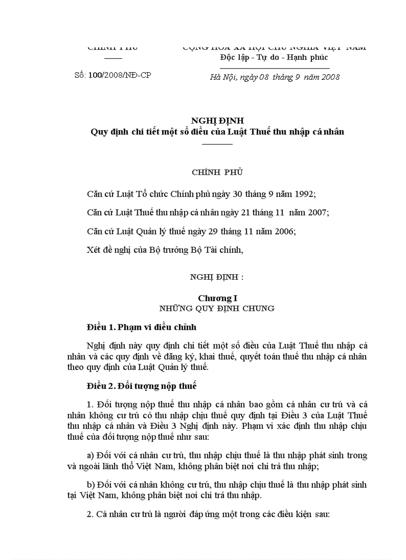 NGHỊ ĐỊNH SỐ 100 2008 NĐ CP Quy định chi tiết một số điều của Luật Thuế thu nhập cá nhân