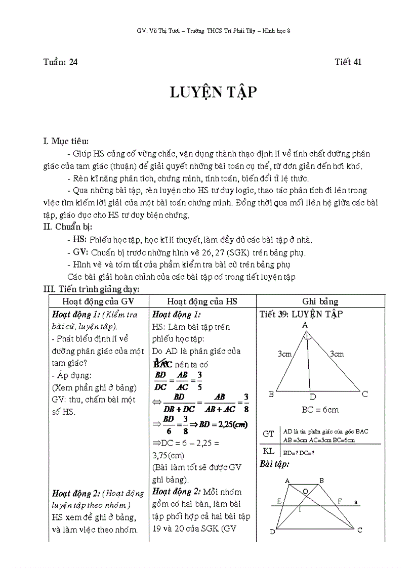 Giáo án toán lớp 8 tuần 24