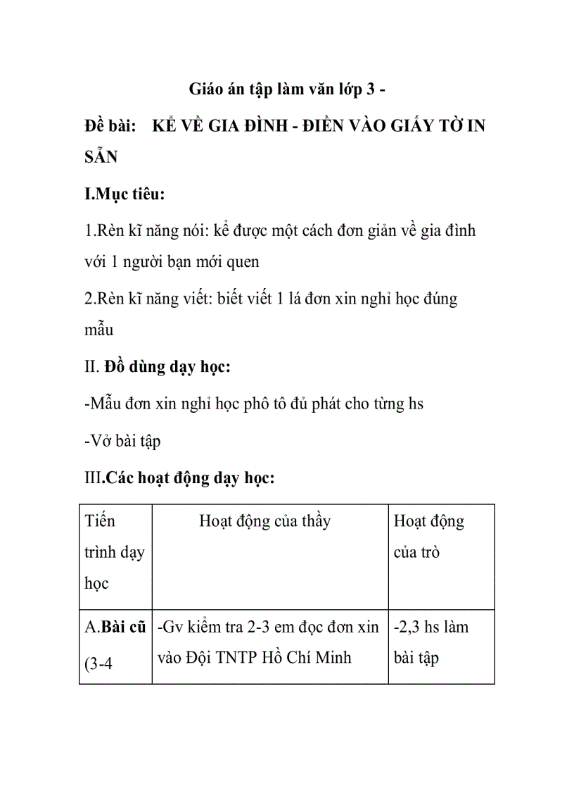 Giáo án tập làm văn lớp 3 Đề bài KỂ VỀ GIA ĐÌNH ĐIỀN VÀO GIẤY TỜ IN SẴN