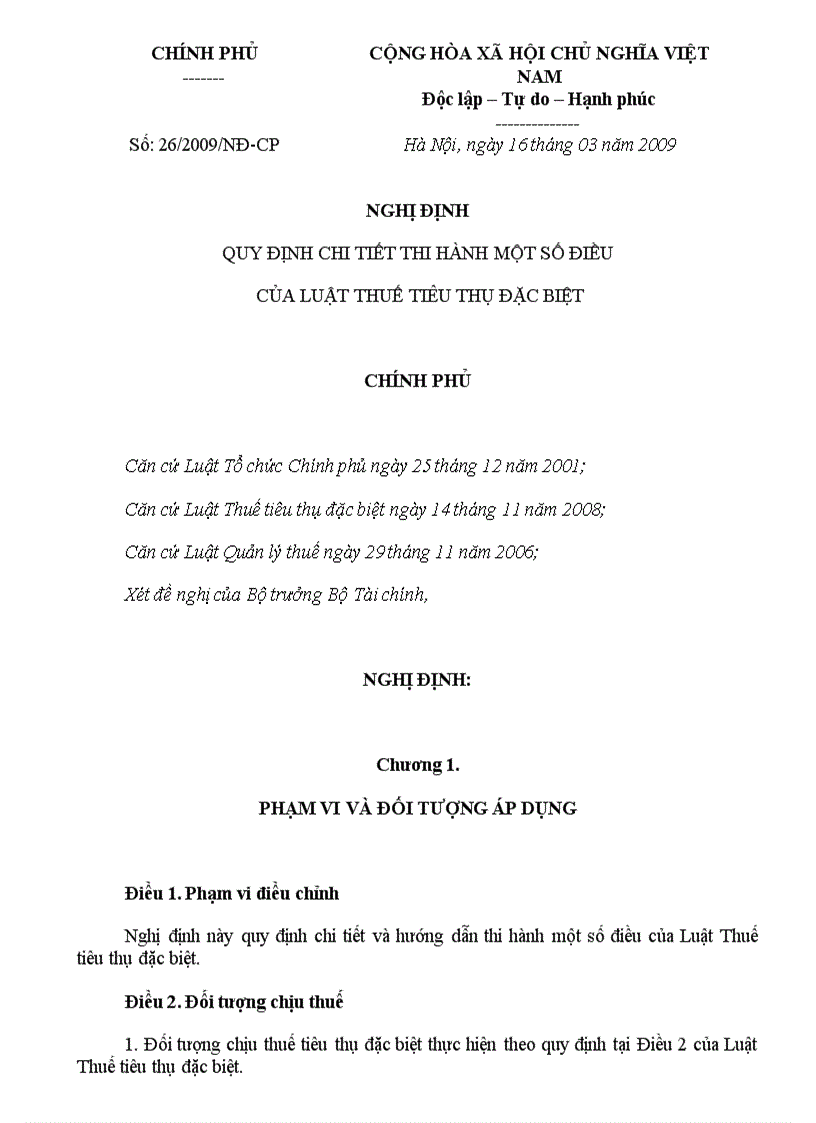 Nghị định 26 2009 nđ cp quy định chi tiết thi hành một số điều của luật thuế tiêu thụ đặc biệt