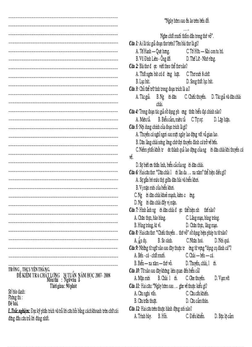 Trường THCS Yên Thắng Đề kiểm tra chất lượng 24 tuần Năm học 2007 2008