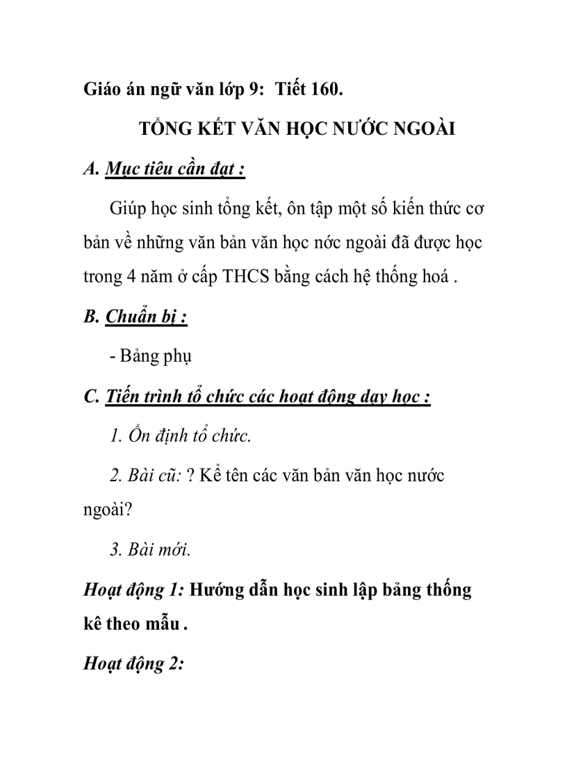 Giáo án ngữ văn lớp 9 Tiết 160 TỔNG KẾT VĂN HỌC NƯỚC NGOÀI