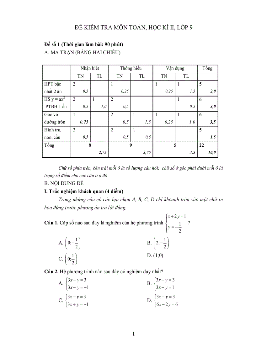 Bộ đề tham khảo kiểm tra học kỳ môn toán lớp 9 đề 8