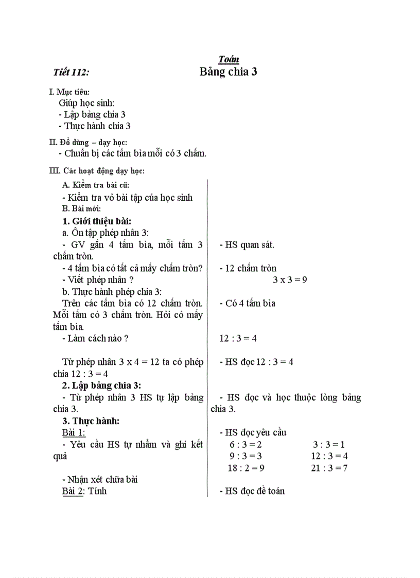 Toán Bảng chia 3