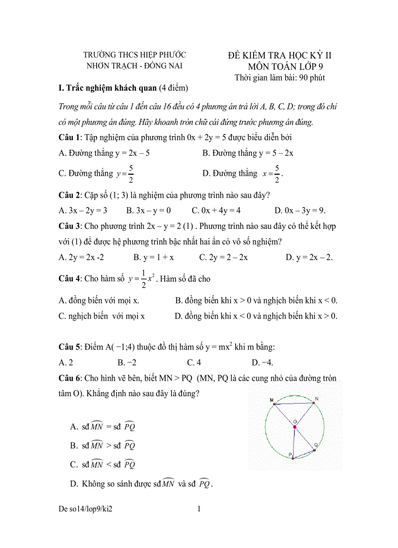 Bộ đề tham khảo kiểm tra học kỳ môn toán lớp 9 đề 6