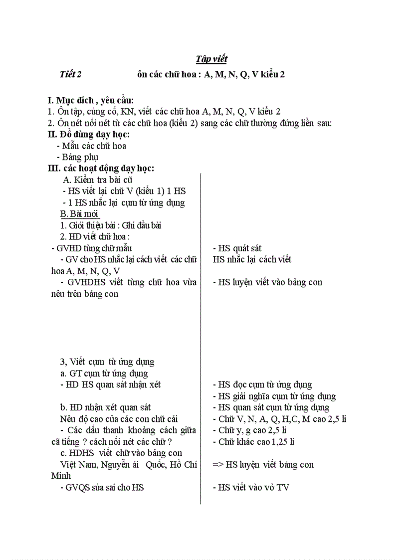 Tập viết ôn các chữ hoa A M N Q V kiểu 2