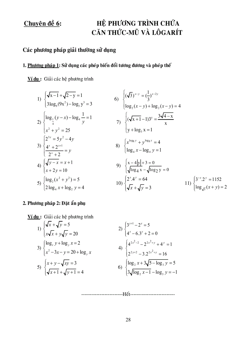 Chuyên đề 6 HỆ PHƯƠNG TRÌNH CHỨA CĂN THỨC MŨ VÀ LÔGARÍT