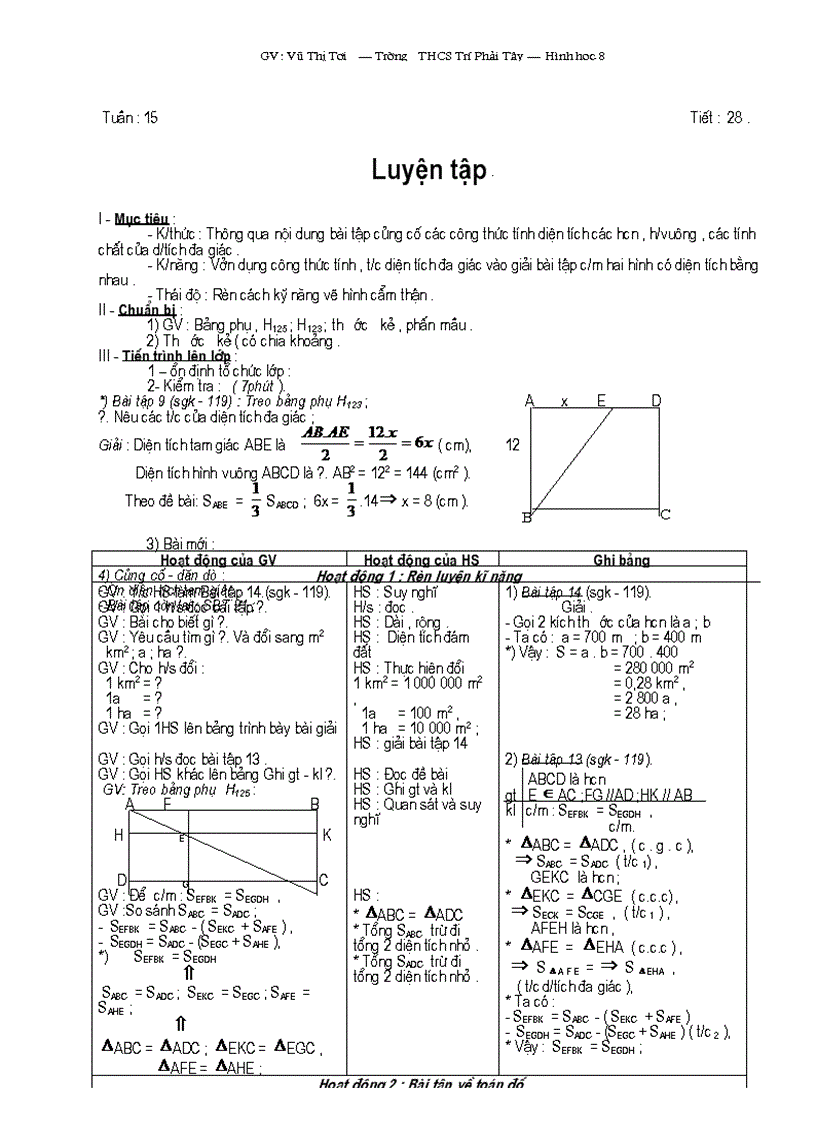 Giáo án toán lớp 8 tuần 15