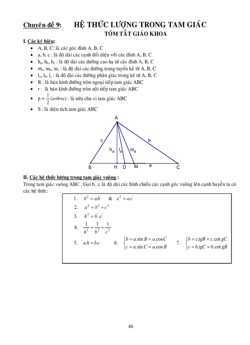 Chuyên đề 9 HỆ THỨC LƯỢNG TRONG TAM GIÁC