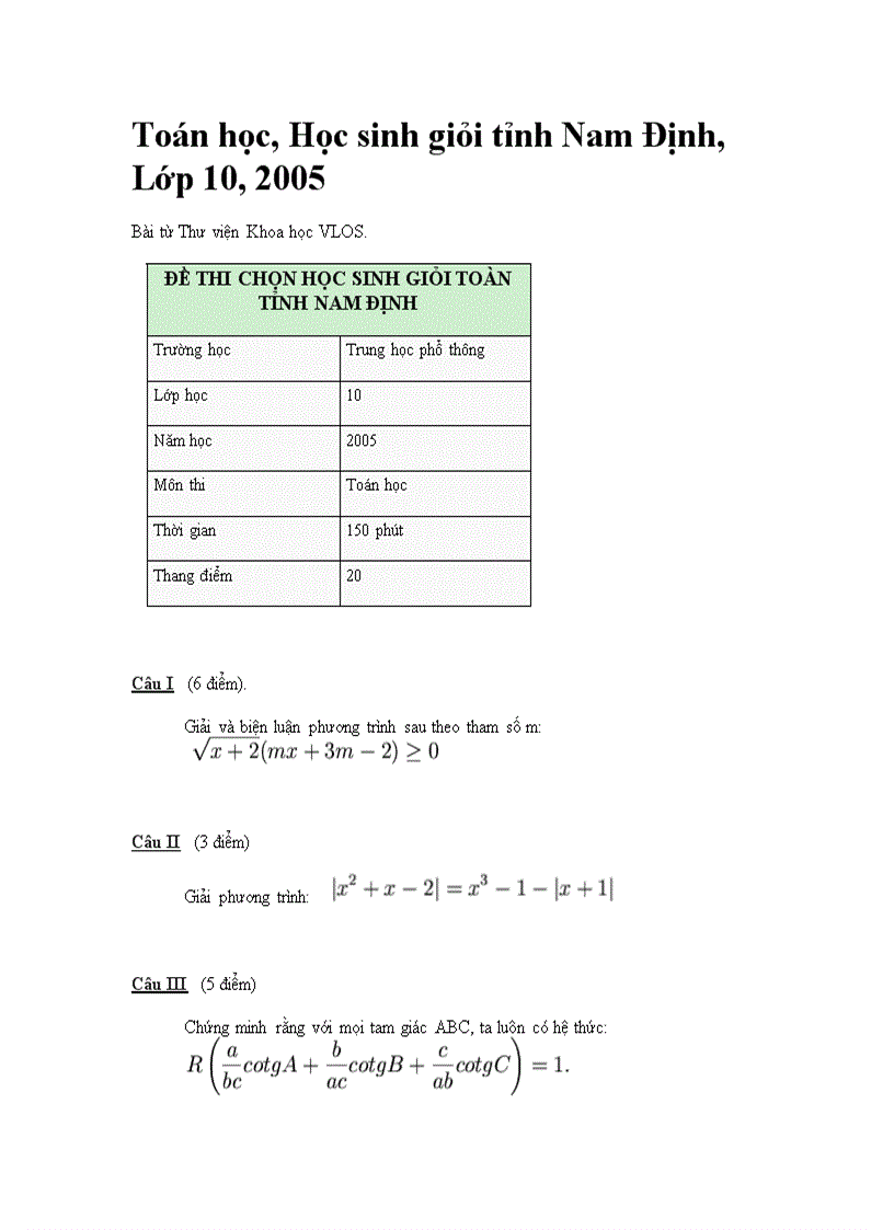 Đề thi học sinh giỏi toán THPT lớp 10 Năm 2005