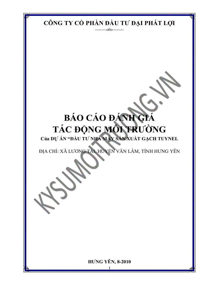 Đánh giá tác động môi trường dự án đầu tư sản xuất gạch Tuynel tỉnh Hưng Yên 10 2010 107 trang