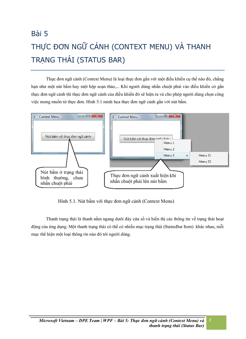 Thực đơn ngữ cảnh context menu và thanh trạng thái status bar