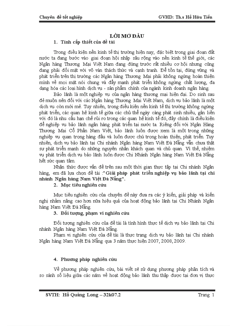 Giải pháp phát triển nghiệp vụ bảo lãnh tại chi nhánh Ngân hàng Nam Việt Đà Nẵng