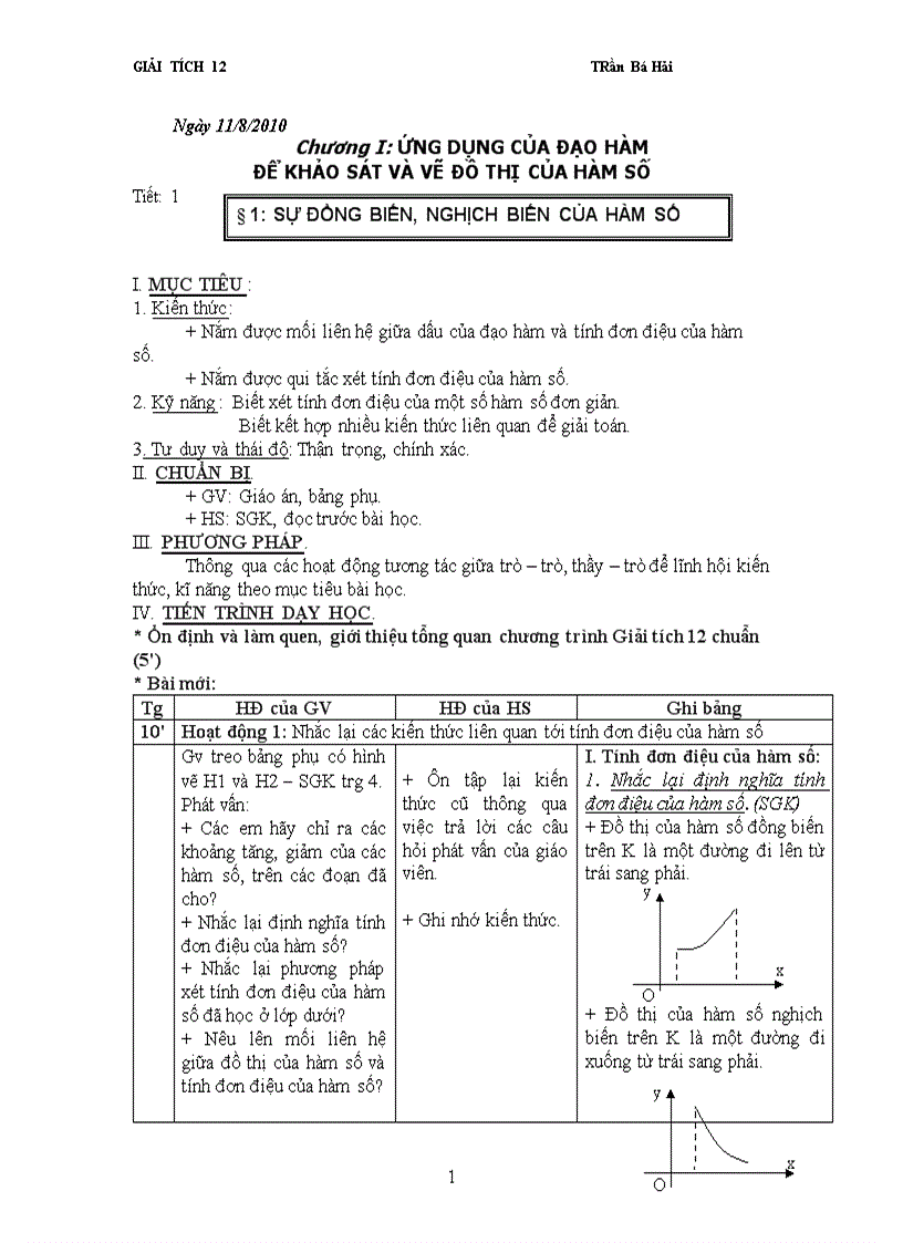 Giáo án Chương I ỨNG DỤNG CỦA ĐẠO HÀM ĐỂ KHẢO SÁT VÀ VẼ ĐỒ THỊ CỦA HÀM SỐ