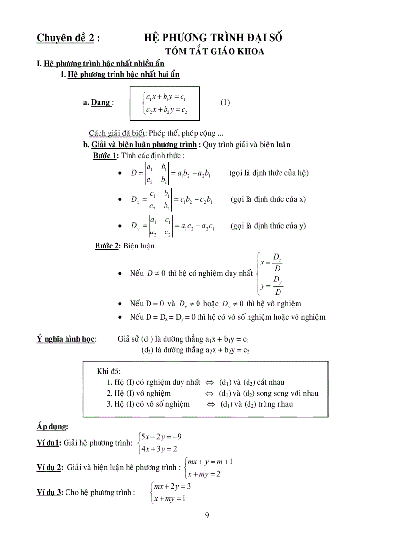 Chuyên đề 2 HỆ PHƯƠNG TRÌNH ĐẠI SỐ