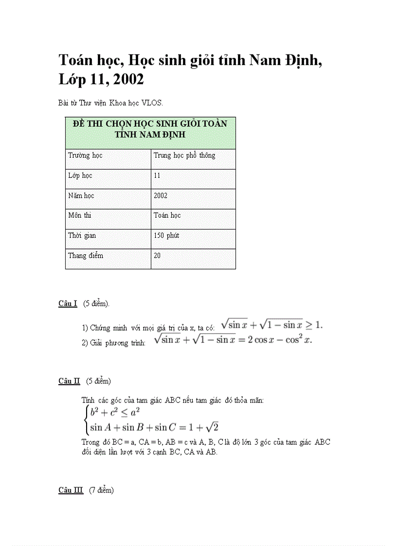 Đề thi học sinh giỏi toán THPT lớp 11 Năm 2002