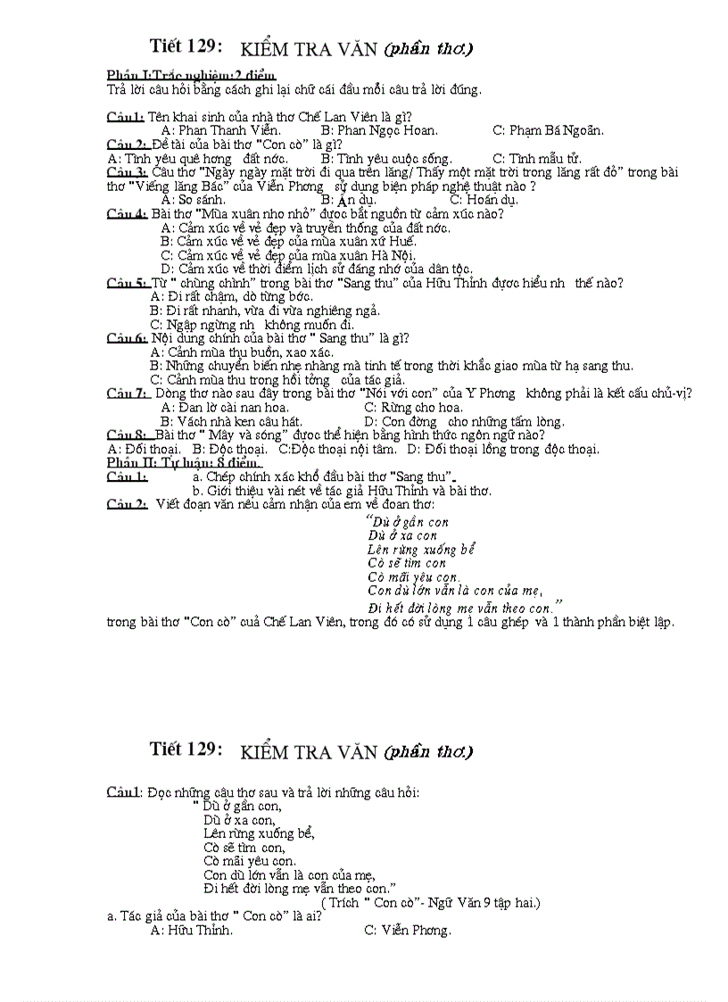 Tiết 129 Kiểm tra Văn 9 phần thơ