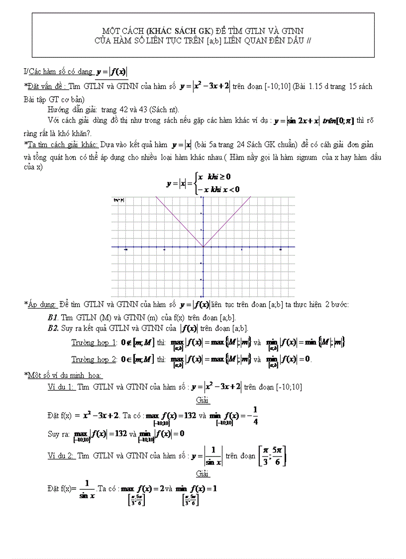 MỘT CÁCH KHÁC SÁCH GK ĐỂ TÌM GTLN VÀ GTNN CỦA HÀM SỐ LIÊN TỤC TRÊN a b LIÊN QUAN ĐẾN DẤU