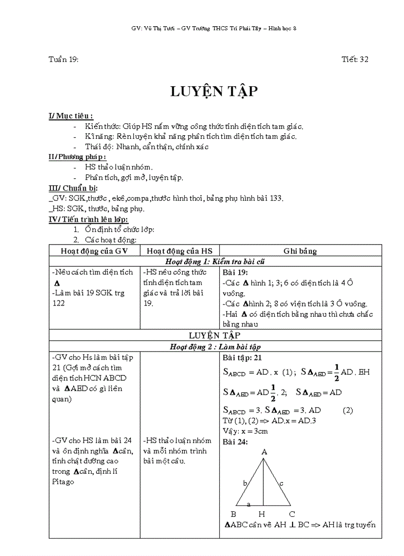 Giáo án toán lớp 8 tuần 19