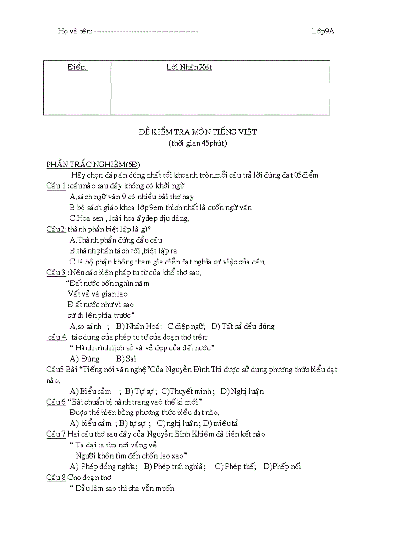 Bài Kiểm Tra 45 ngữ văn