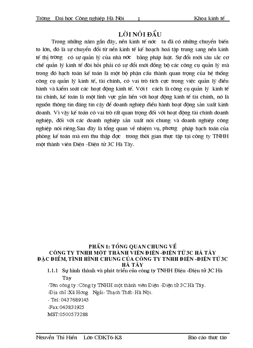 Hạch toán nghiệp vụ kế toán ở công ty TNHH một thành viên Điện Điện tử 3C Hà Tây
