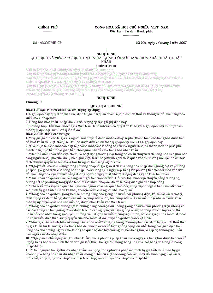 Nghị định 40 2007 nđ cp quy định về việc xác định trị giá hải quan đối với hàng hoá xuất khẩu nhập khẩu