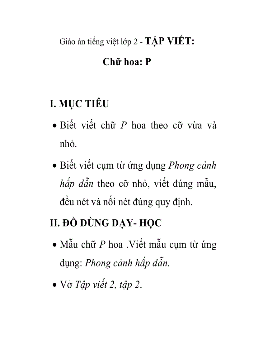 Giáo án tiếng việt lớp 2 TẬP VIẾT Chữ hoa P