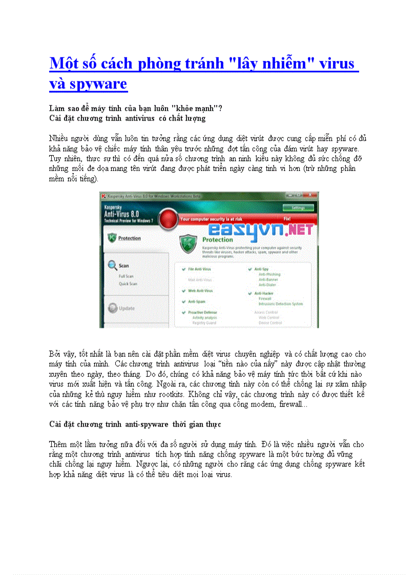 Một số cách phòng tránh lây nhiễm virus và spyware