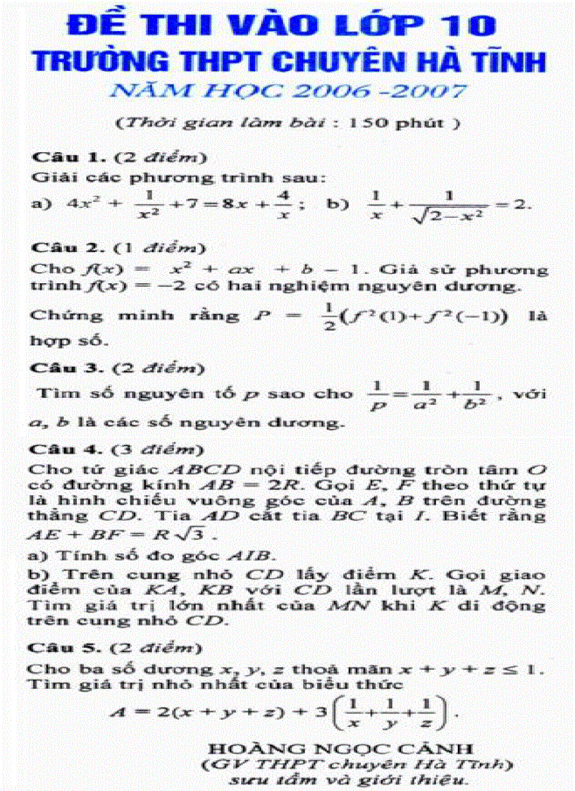 Tuyển sinh vào Chuyên Hà Tĩnh Môn Toán 06 07