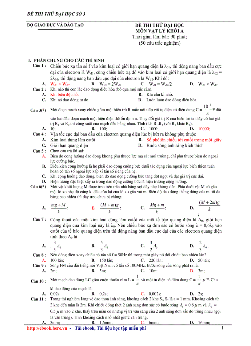 Đề thi thử đại học môn vật lý đề số 3