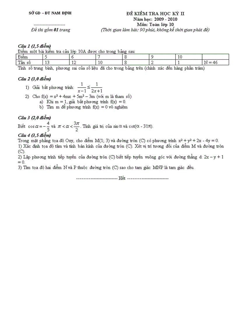 Đề thi cuối kỳ II môn Toán 10 Sở GDĐT Nam Định 2009 2010