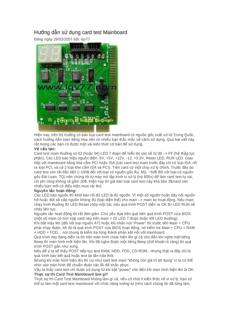 Hướng dẫn sử dụng card test Mainboard