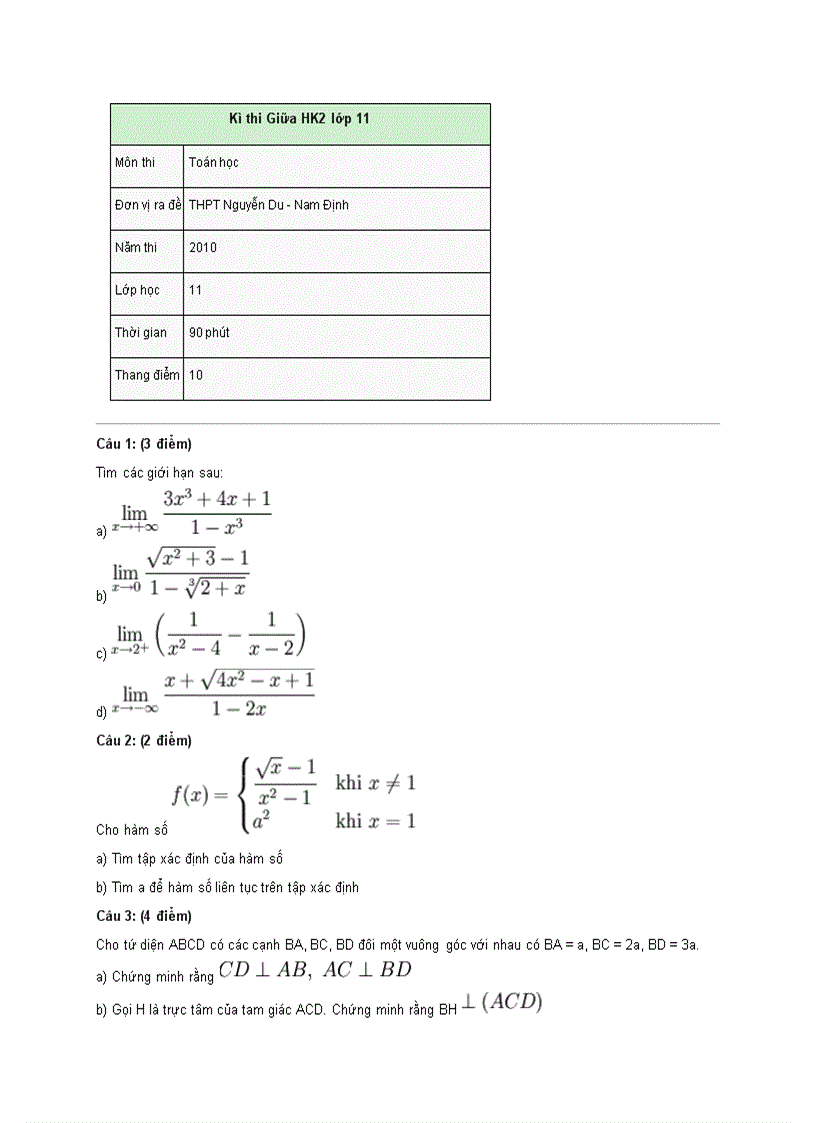 Đề thi Toán học Giữa HK2 lớp 11 THPT Nguyễn Du Nam Định 2009 2010