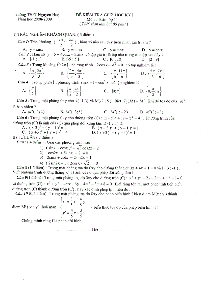 Đề thi Toán 11 giữa HK 1 THPT Nguyễn Huệ Nam Định 2008 2009