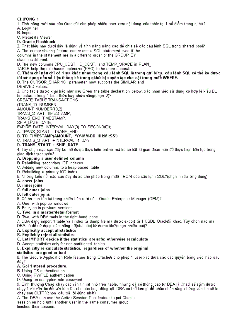 Trắc nghiệm môn Hệ Quản Trị Cơ Sở Dữ Liệu Oracle