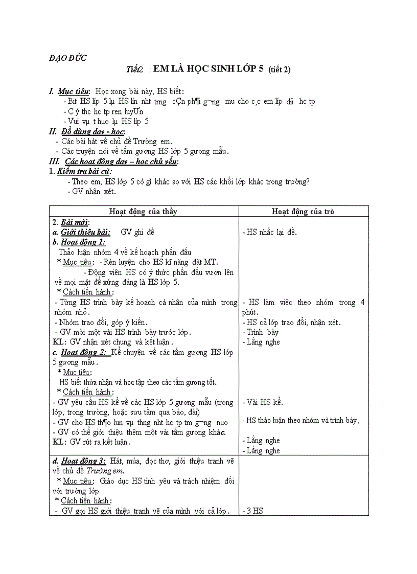 ĐẠO ĐỨC EM LÀ HỌC SINH LỚP 5 tiết 2