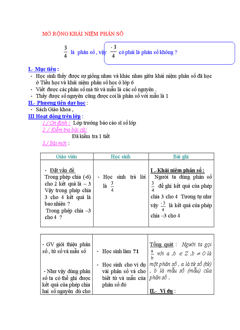 Toán MỞ RỘNG KHÁI NIỆM PHÂN SỐ