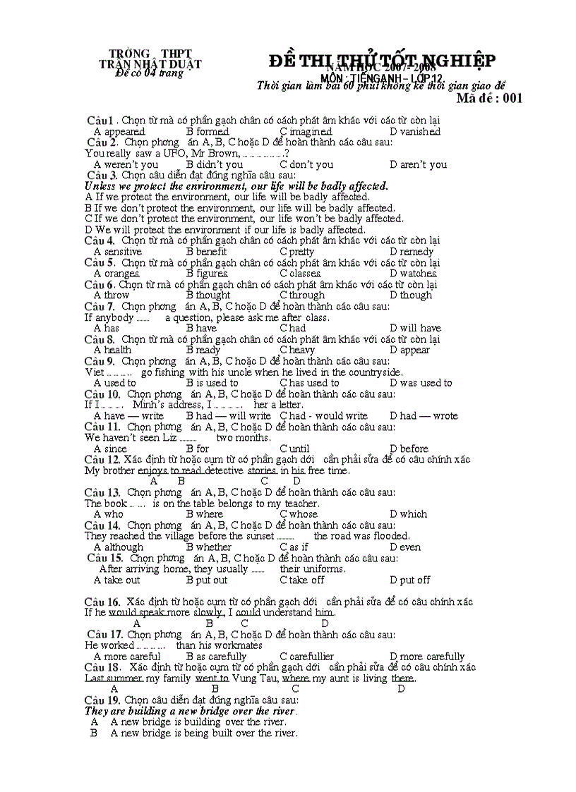 De thi thu tot nghiep PTTH he phan ban môn anh văn