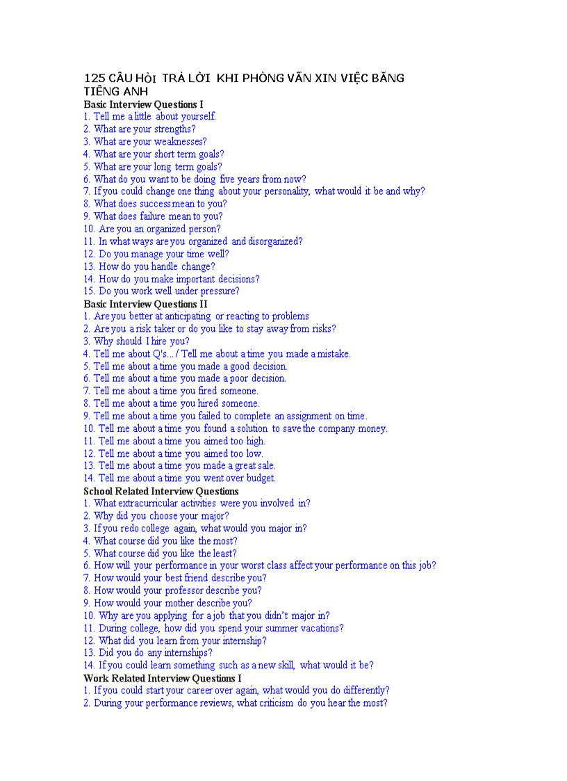 125 câu hỏi trả lời khi phỏng vấn xin việc bằng tiêng anh 1