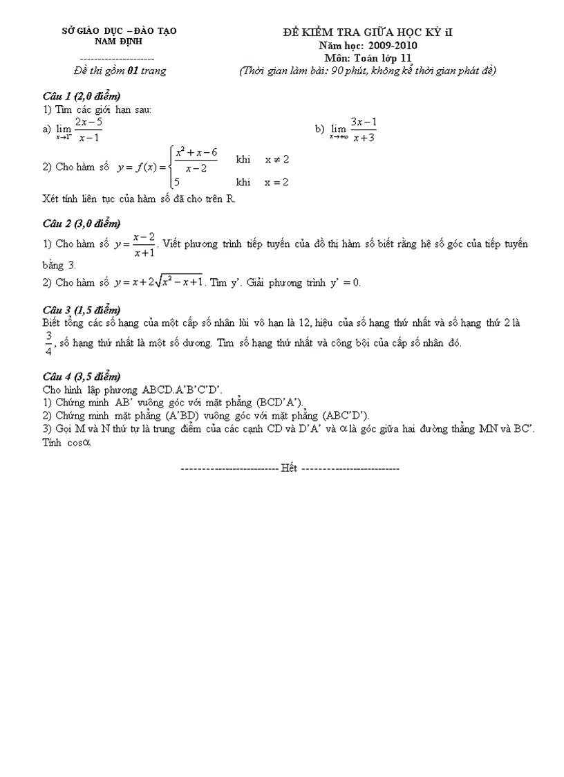 Đề thi giữa HK 2 môn Toán 11 Sở GDĐT Nam Định 2009 2010