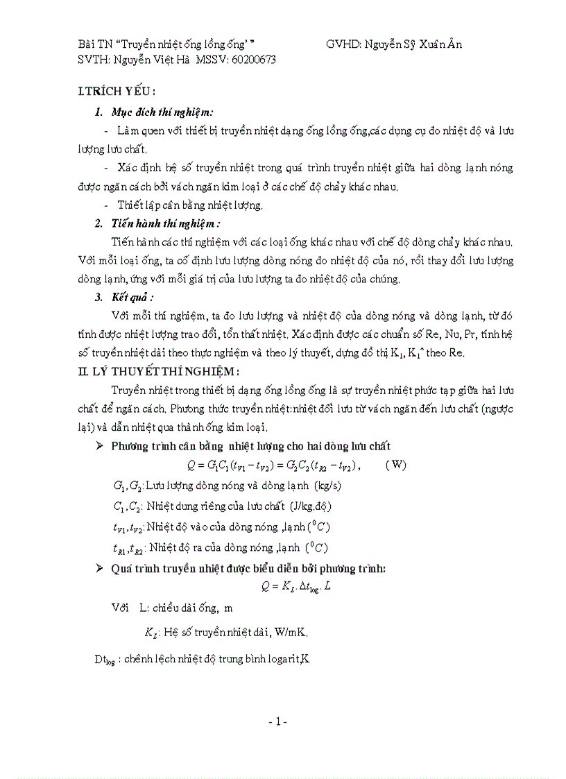 Bài tốt nghiệp Truyền nhiệt ống lồng ống GVHD Nguyễn Sỹ Xuân Ân