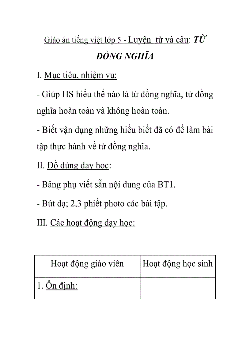 Giáo án tiếng việt lớp 5 Luyện từ và câu TỪ ĐỒNG NGHĨA