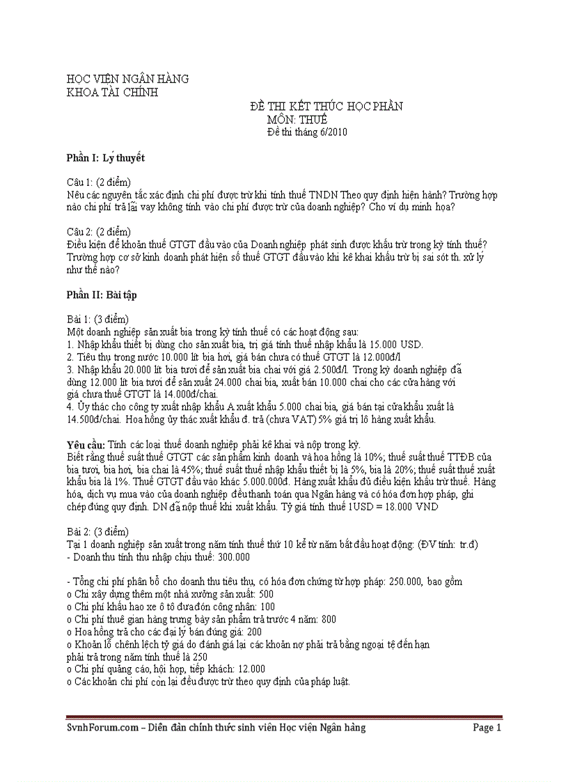 Đề thi thuế năm 2010 2