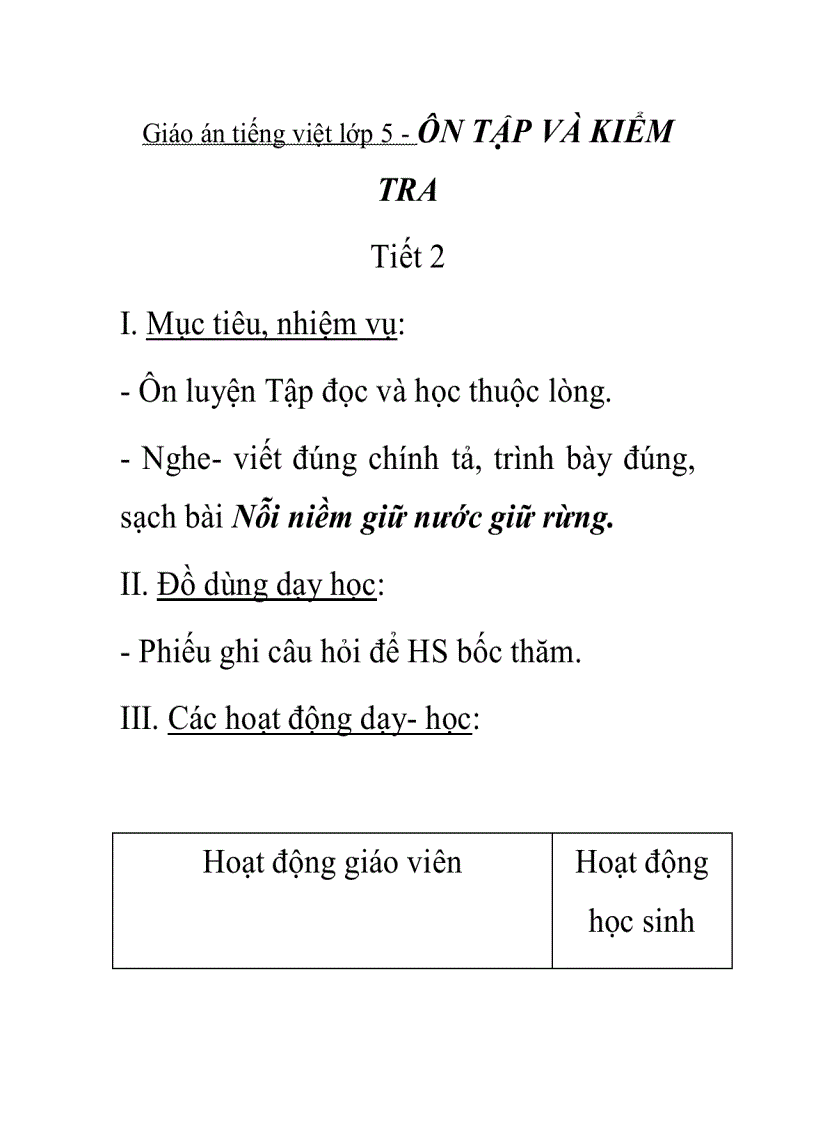 Giáo án tiếng việt lớp 5 ÔN TẬP VÀ KIỂM TRA Tiết 2