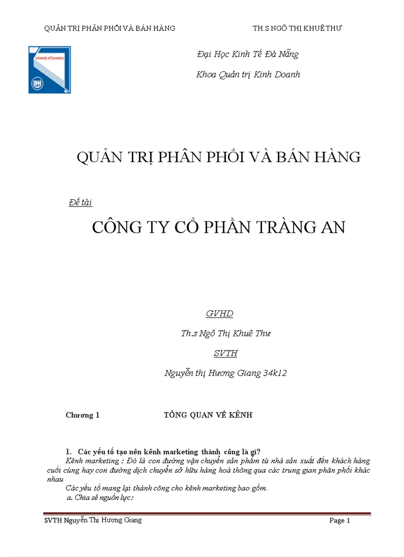 Quản trị phân phối và bán hàng công ty cổ phần tràng an