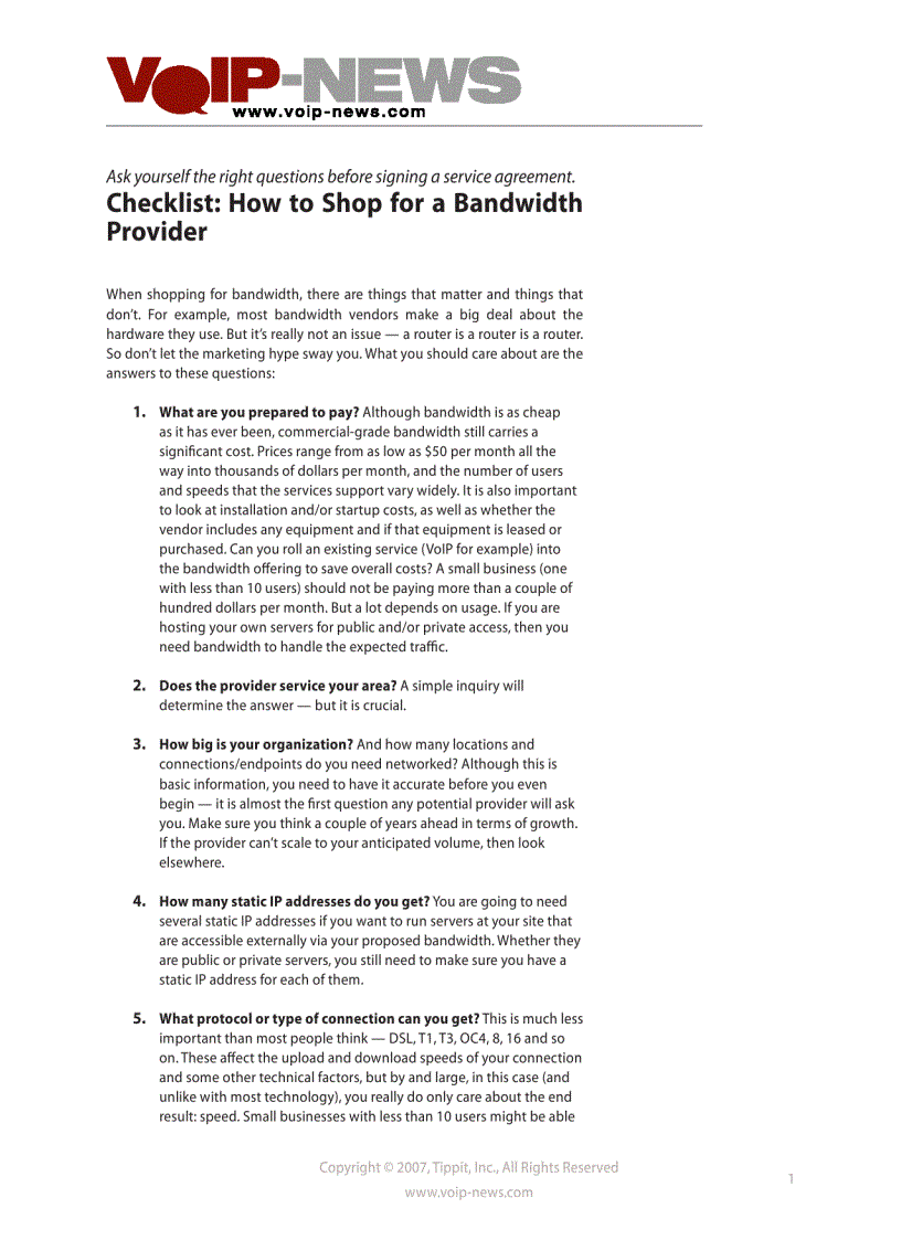 Checklist How to Shop for a Bandwidth Provider