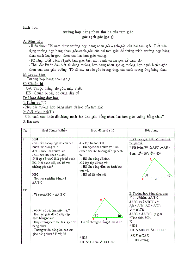Hình học Trường hợp bằng nhau thứ ba của tam giác góc cạch góc g c g