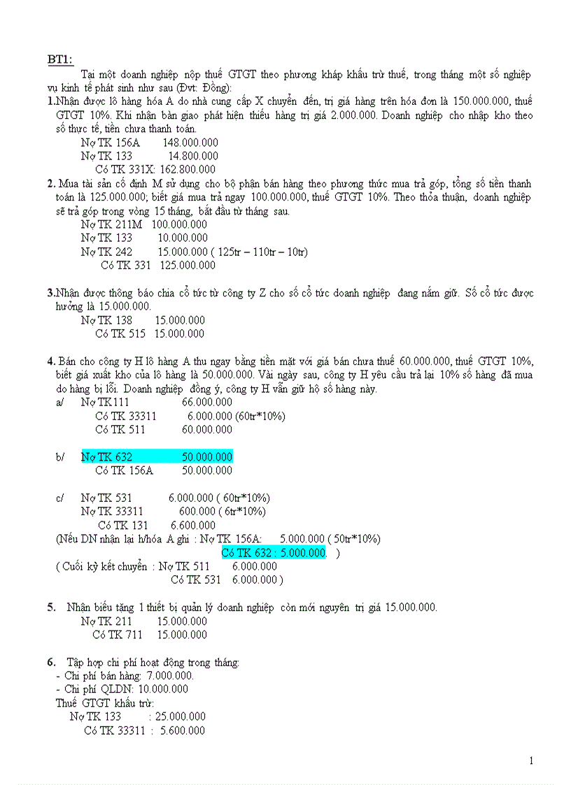 Bài tập kế toán tài chính 1