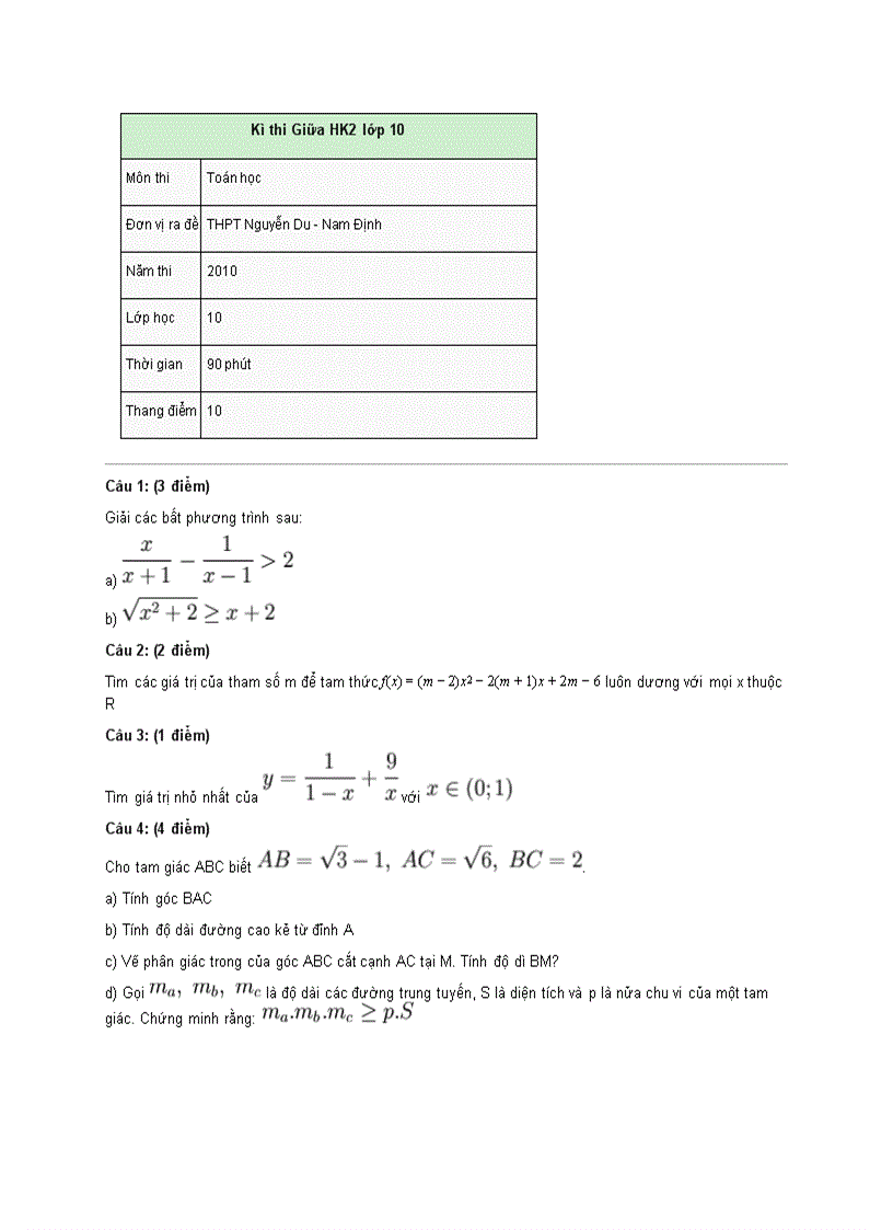Đề thi Toán học Giữa HK2 lớp 10 THPT Nguyễn Du Nam Định 2009 2010