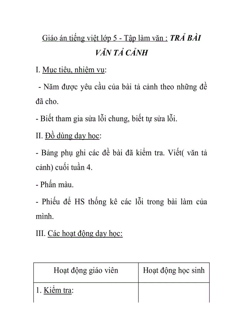 Giáo án tiếng việt lớp 5 Tập làm văn TRẢ BÀI VĂN TẢ CẢNH 1